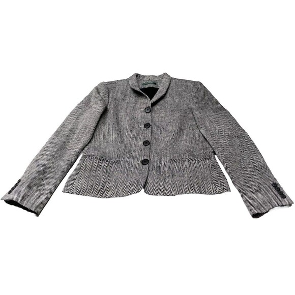 RALPH LAUREN Blazer Black Cream Herringbone Size 8 Silk Linen Blend Academia GUC - Picture 15 of 16